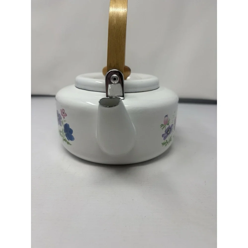 Vintage National Housewares Metal Teapot Kettle Floral Garden Bamboo 1985 Granny